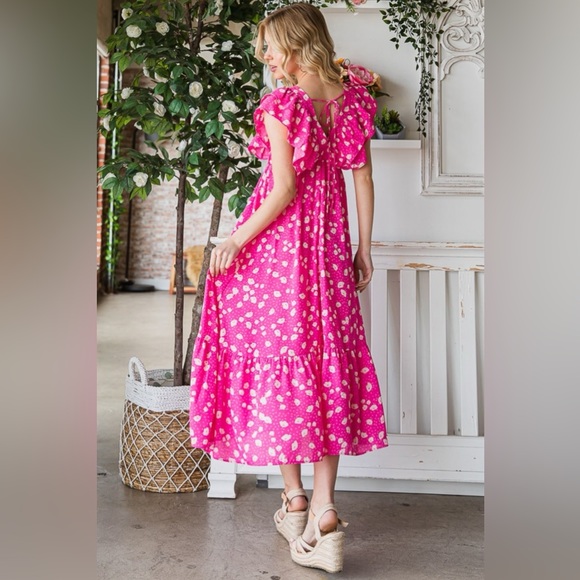 Reborn J Printed V-Neck Ruffle Trim Tiered Midi Dress - Picture 2 of 5